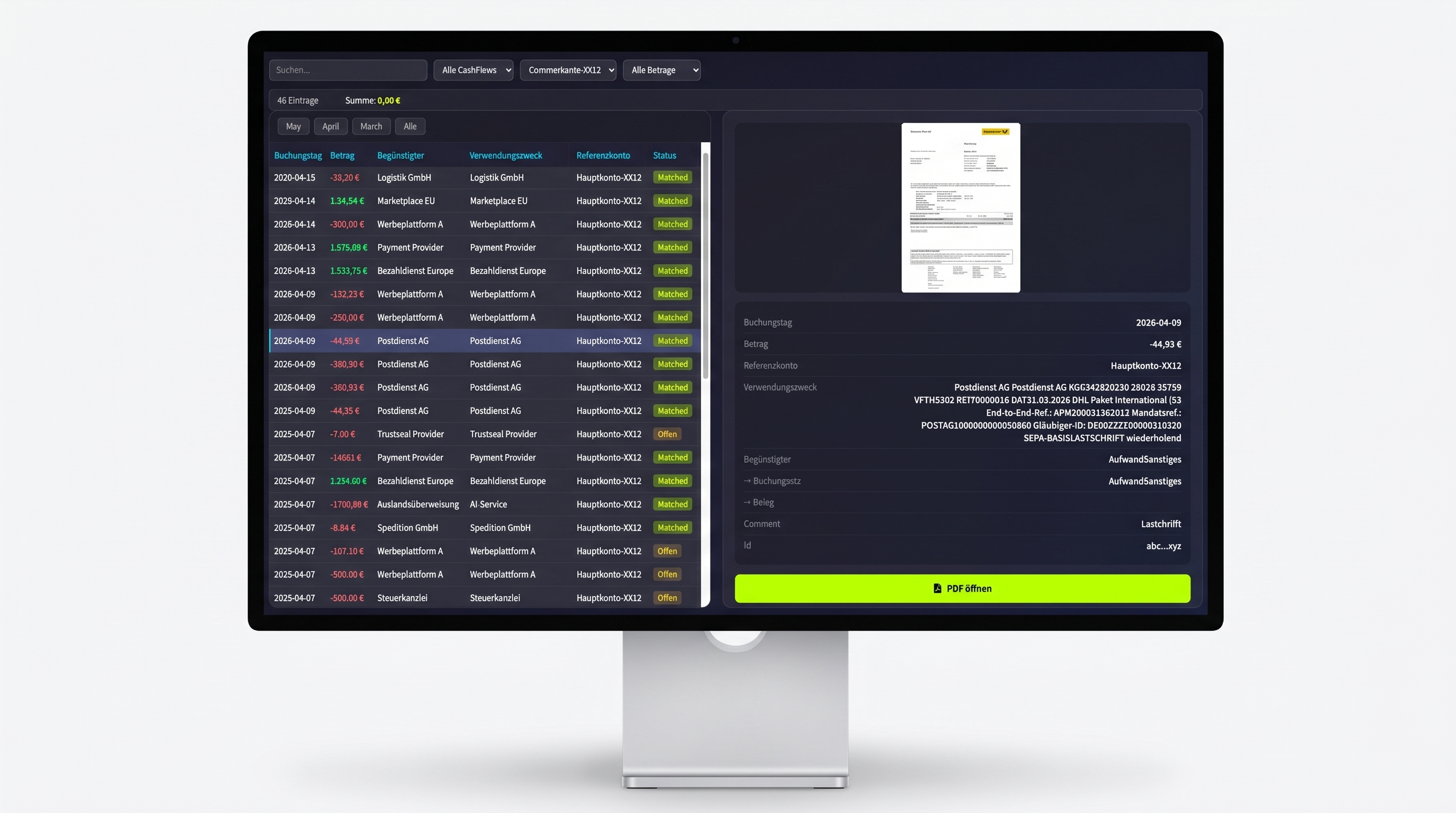 Buchschluss Dashboard auf Apple Studio Display — Bankbewegungen links, Beleg-Detail rechts