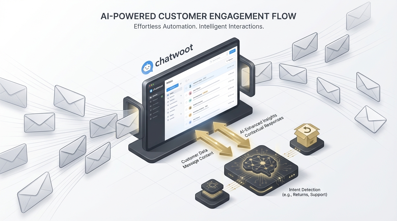 Infografik: KI-Agent kommuniziert bidirektional mit Chatwoot – eingehende Retouren-E-Mails werden erkannt, automatische Antworten versendet