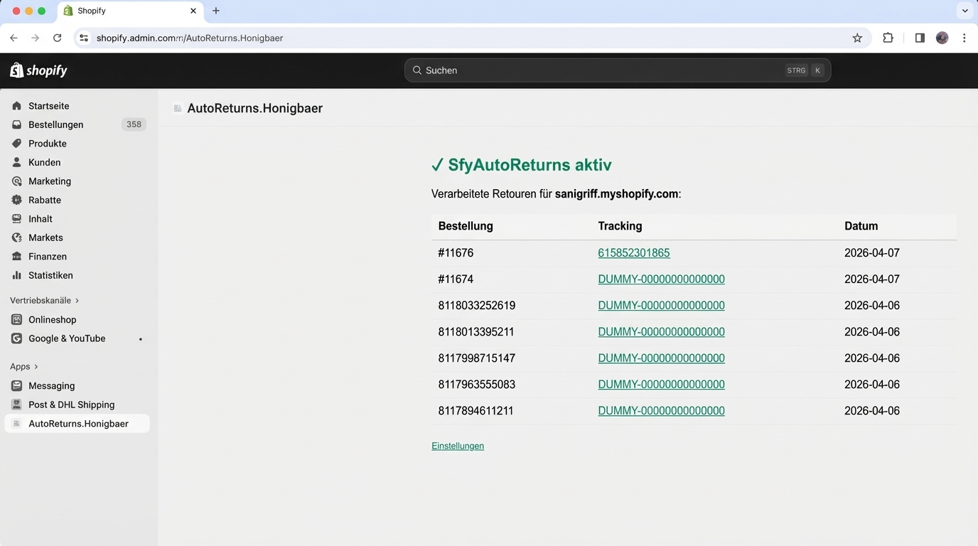 Shopify AutoReturns App: automatisch erstellte DHL-Retourlabels